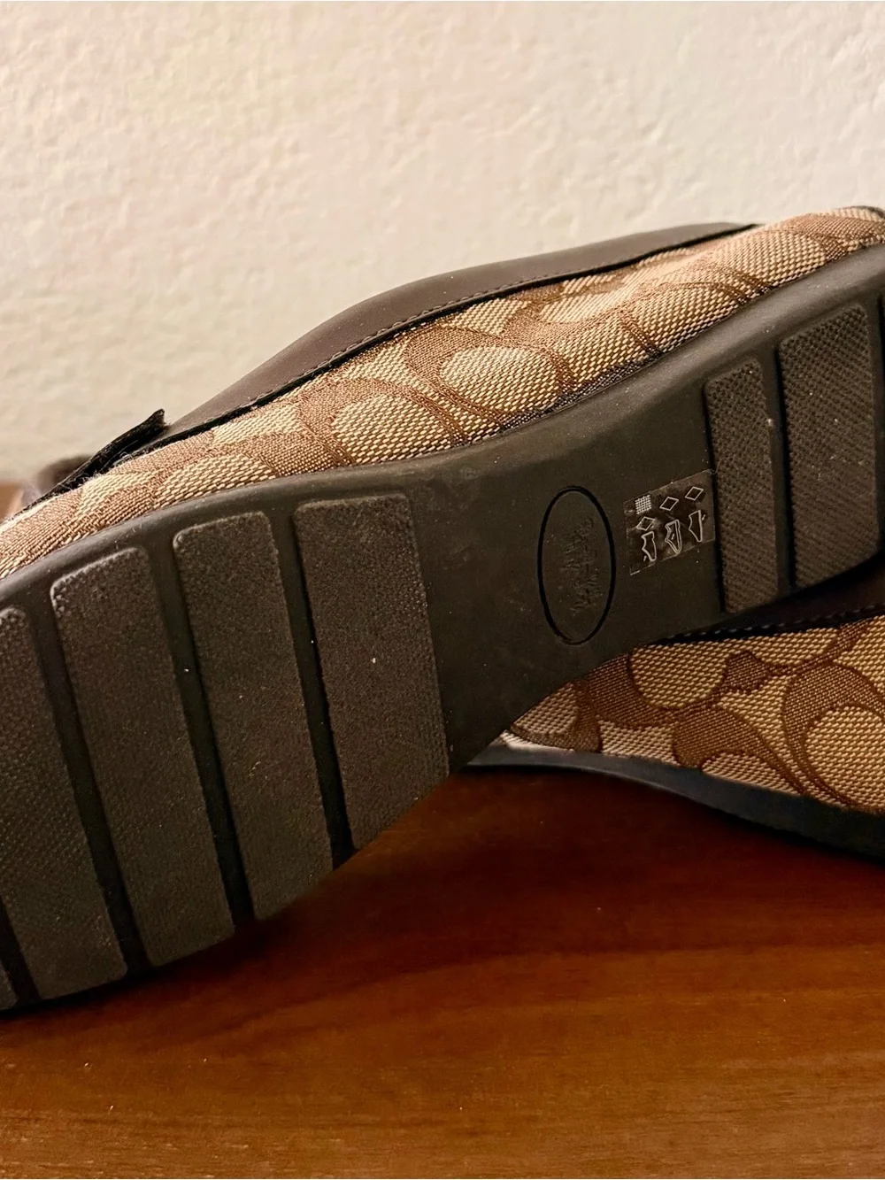 Coach Tan & Brown Signature Canvas Loafers with Gold Plaque
